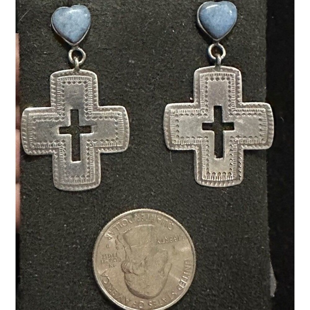 Native American Embossed Denim Lapis Lazuli Cross Drop Earrings